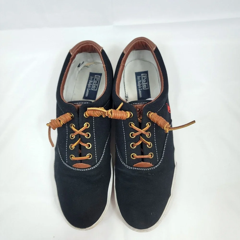 Polo Ralph Lauren Vaughn Sneakers Mens 13D Black Canvas Leather Trim Low Top - Picture 2 of 8
